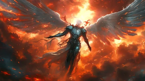 Armored seraph rises through blazing celestial storm.