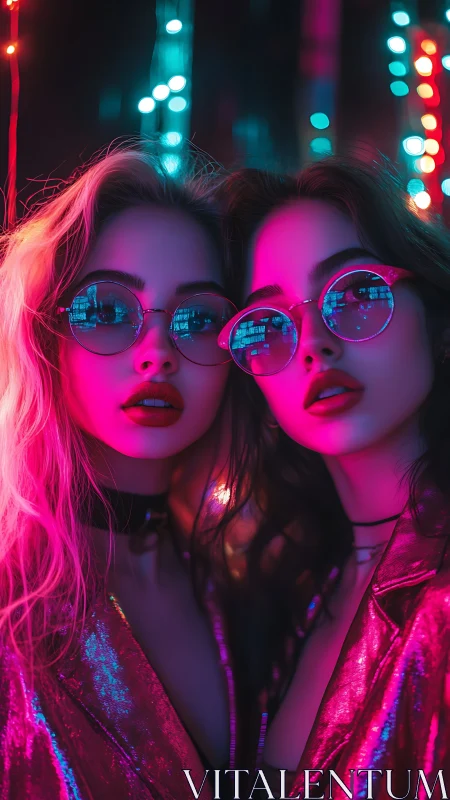 Neon lit portrait of two women in reflective jackets.