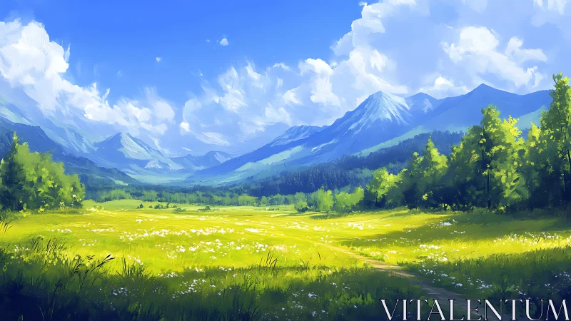 Sunlit meadow hums softly beneath watchful blue mountains