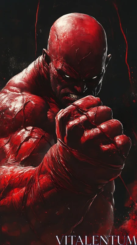Hyper-muscular red fighter rendered with dramatic chiaroscuro lighting