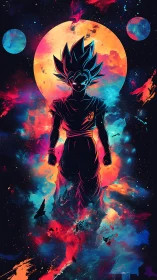 Celestial warrior silhouette stands before burning cosmic moon