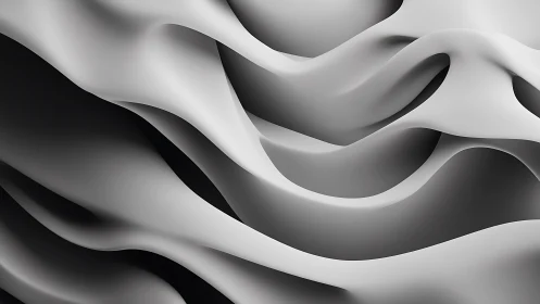 Flowing Abstract Waves in Grayscale Minimalist 3D Art Style.