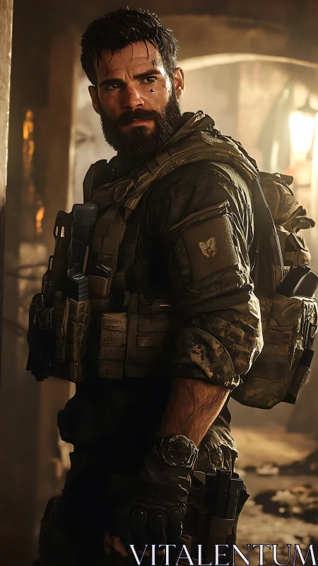 Battle-hardened soldier in molten alleyway light stands vigilant.