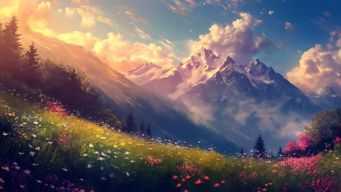 Luminous alpine meadow under volumetric sunset atmosphere.