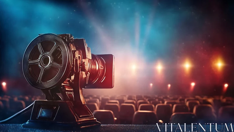 Vintage cinema projector with luminous theater bokeh focus.