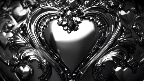 Ornate Metallic Heart with Baroque Detailing in Monochrome.