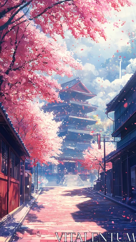 Cherry tree lined street leading to distant pagoda tower.