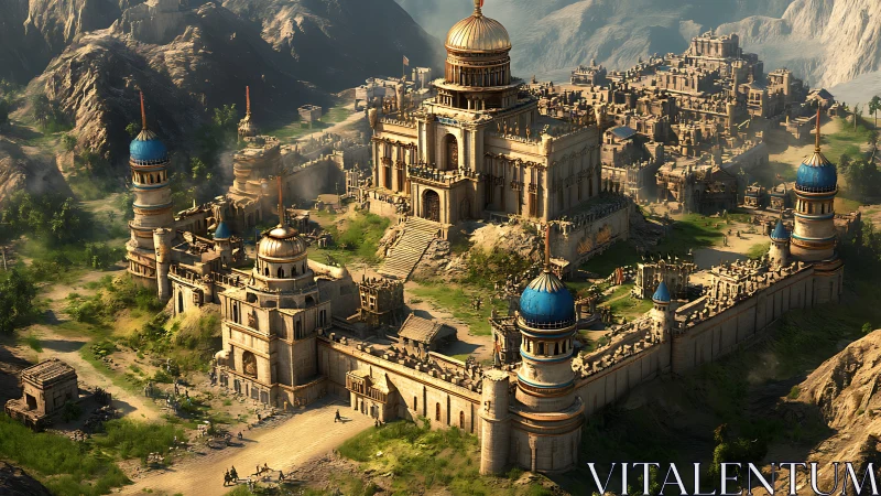 Fortified desert palace city with domed central citadel.