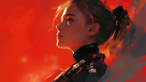 Profile of a resolute heroine amid abstract crimson flames.
