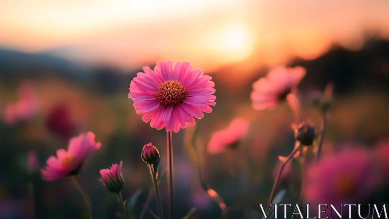 Pink gerbera daisy photographed during golden hour with field depth of field