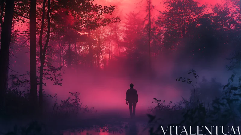 Crimson fog swallows a lone wanderer in neon-tinted woods