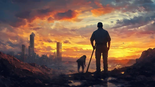 Workers survey ruined city under blazing apocalyptic sunset.