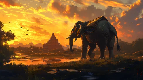 Gentle elephant wandering through a golden temple sunset.