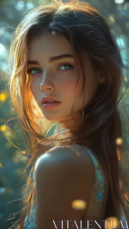 Sunlit girl gazes back amid soft bokeh forest glow.