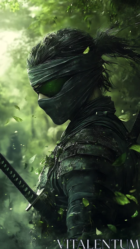Stealthy forest ninja stands cloaked in emerald shadows.