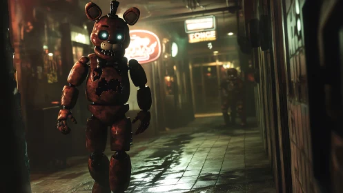 Damaged bear animatronic walking in dim neon hallway.