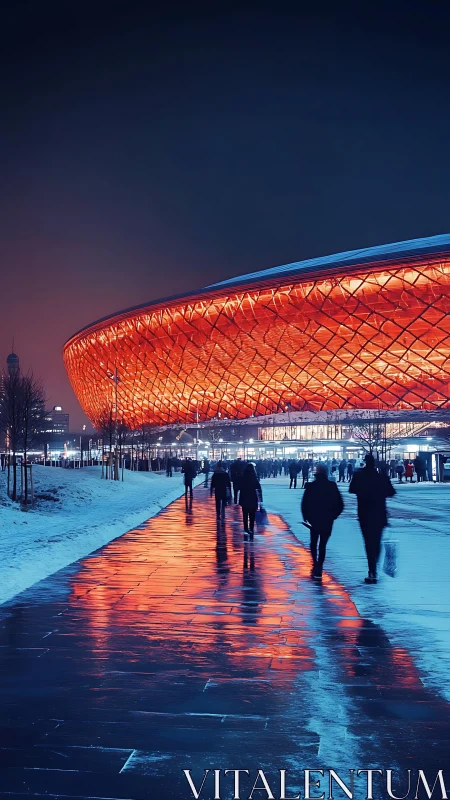 Luminous stadium glows above winter walkway crowds at night