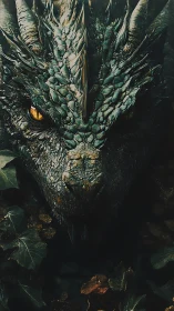 Emerald scaled dragon portrait under shadowed forest light.