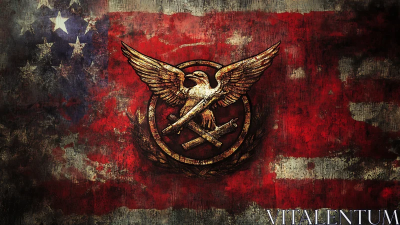 Grunge US flag with gilded eagle crest and crossed rifles.