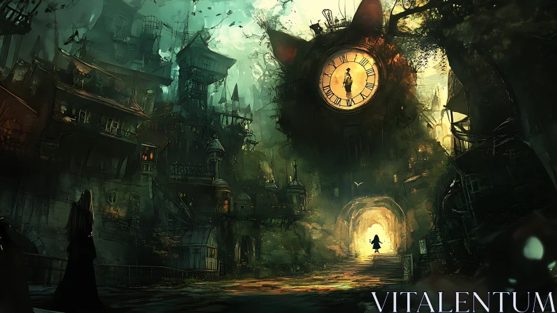 Midnight cat clock city where wonder and shadows wander.