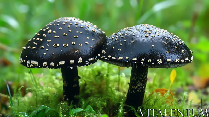 Black mushrooms with pale spots in green forest moss.