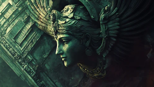 Aged winged stone relief head rendered with low-key teal lighting