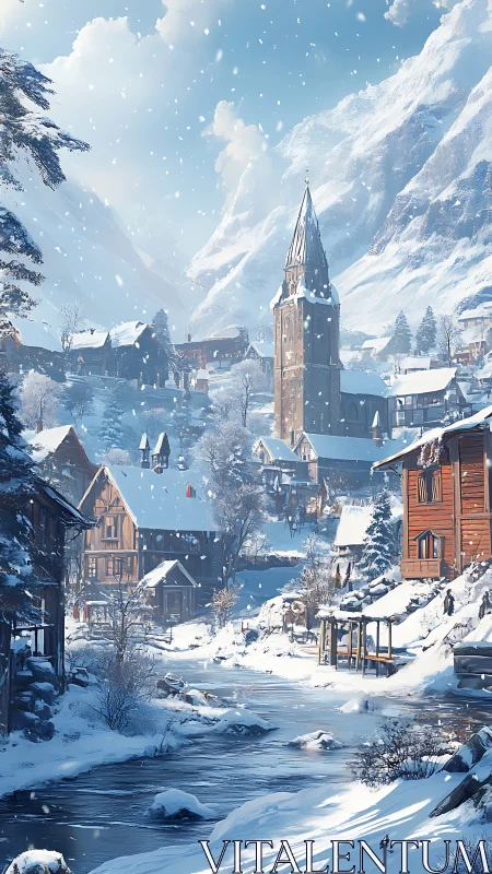 Snow-covered alpine village with river and stone church tower