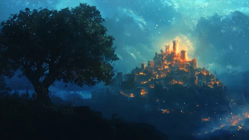 Illuminated hillside fortress stands opposite a dark foreground tree