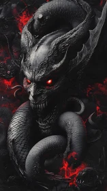 Volcanic serpentine demon entity with incandescent ocular cores.