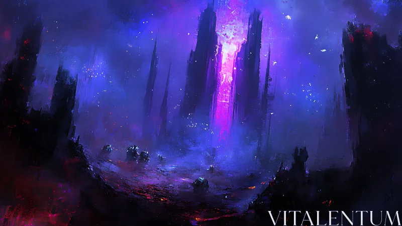 Neon Obelisk Dawn Over Ruined Alien Megacity.