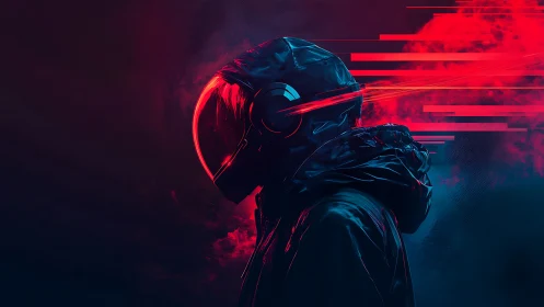 Neon-drenched rider slices through glitching crimson night