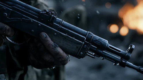 Battle-worn rifle gripped by muddy hands in blazing chaos.