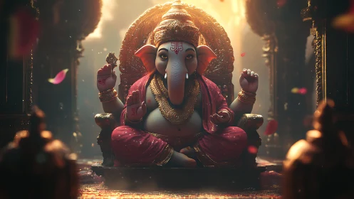 Digital depiction of Ganesha seated on ornate temple throne.