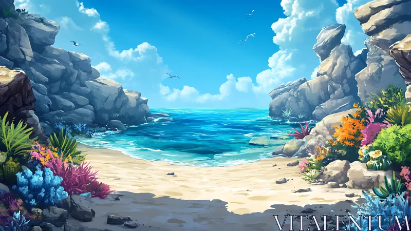 Rendered Coastal Cove with Rocky Formations and Tropical Vegetation