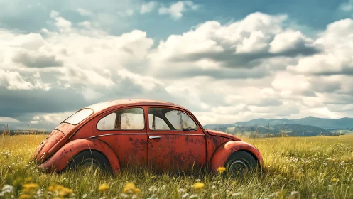 Aging red vintage car rests in sunlit rural meadow landscape
