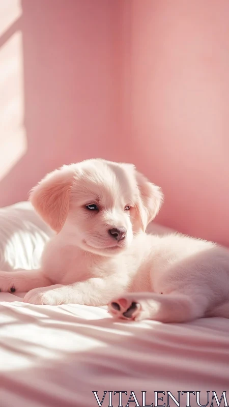 Soft daylight canine portrait in high-key pastel tonality.