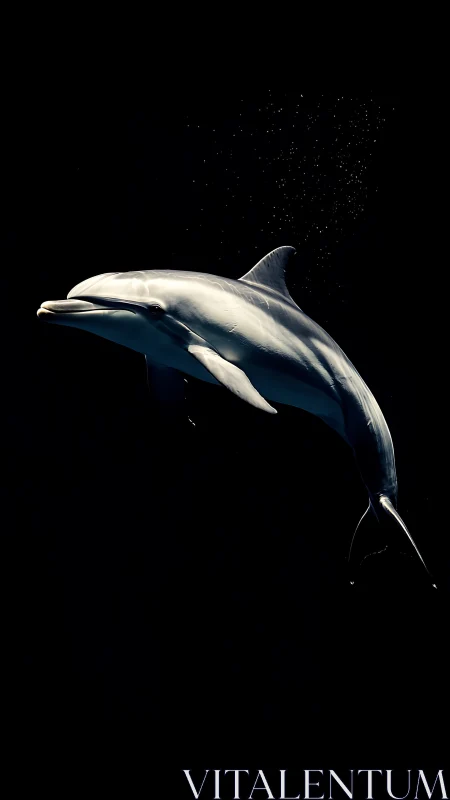 Solitary dolphin glides through dramatic dark ocean depths.