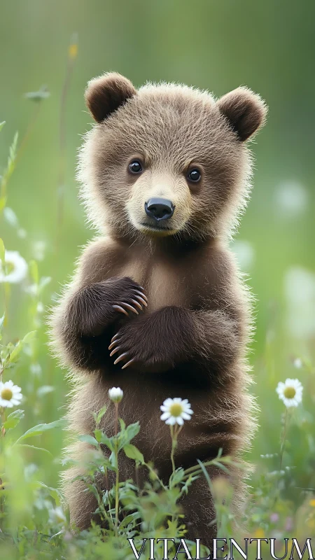 Young brown bear stands upright in shallow meadow vegetation
