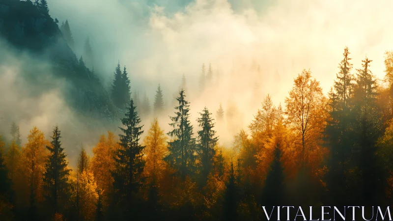 Golden Forest Emerges from Morning Mist.