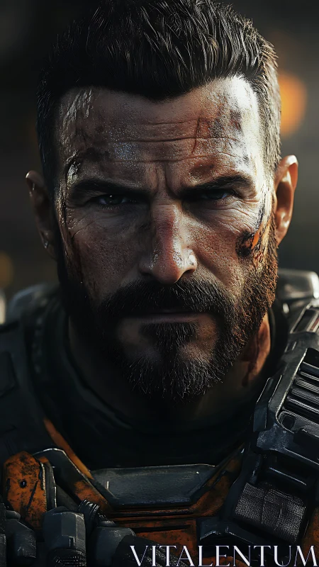 Battle-worn futuristic soldier stares forward with intensity