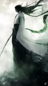 Calm warrior in drifting mist with windswept dark hair.