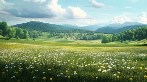 Spring meadow stretches toward distant forested hills and peaks
