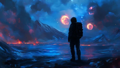 Digital painting of lone explorer on tri-sun alien tundra.