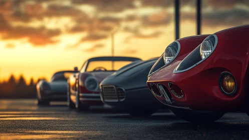 Classic sports cars lined at golden hour sunset.