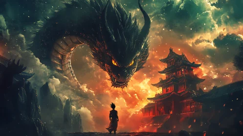Dragon guardian engulfs burning temple in stormfire sky.