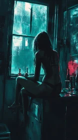 Neon-lit solitude with contemplative figure at window edge.