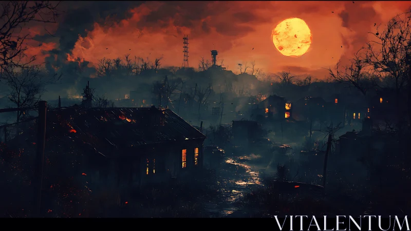Bloodred harvest moon over ember-drowned ghost village.