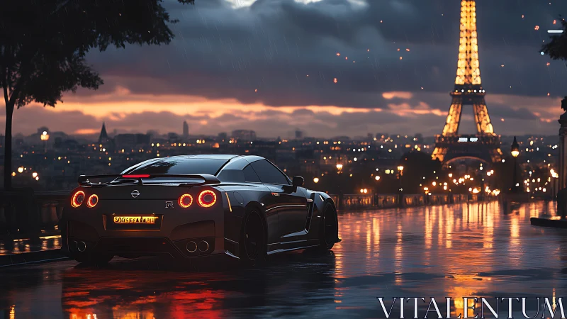 High-gloss Nissan GT-R on wet Parisian boulevard at dusk