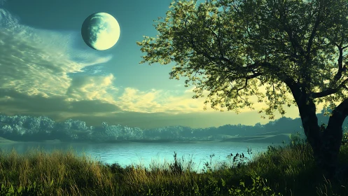 Moonlit twin-sun lake lets a dreaming tree guard the shore