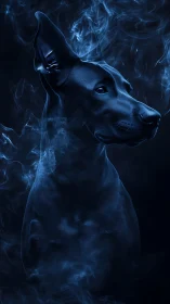 Ethereal blue hound emerges from swirling digital smoke